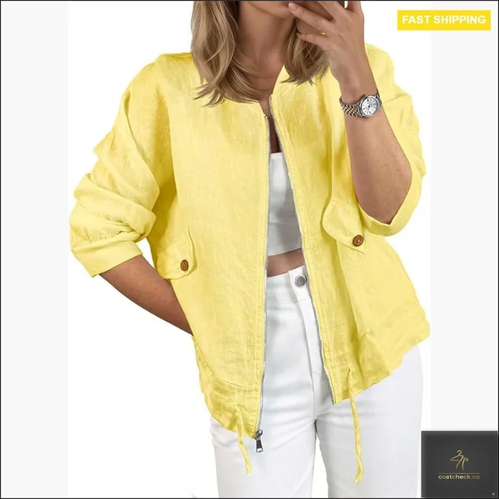 Lightweight Bomber Jacket Zip Up Drawstring Casual Cotton Linen